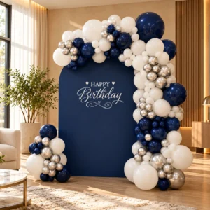 Home navy blue & silver birthday backdrop decoration