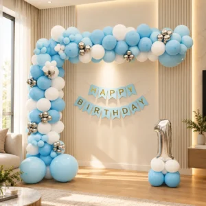 Home modern first birthday balloon arch